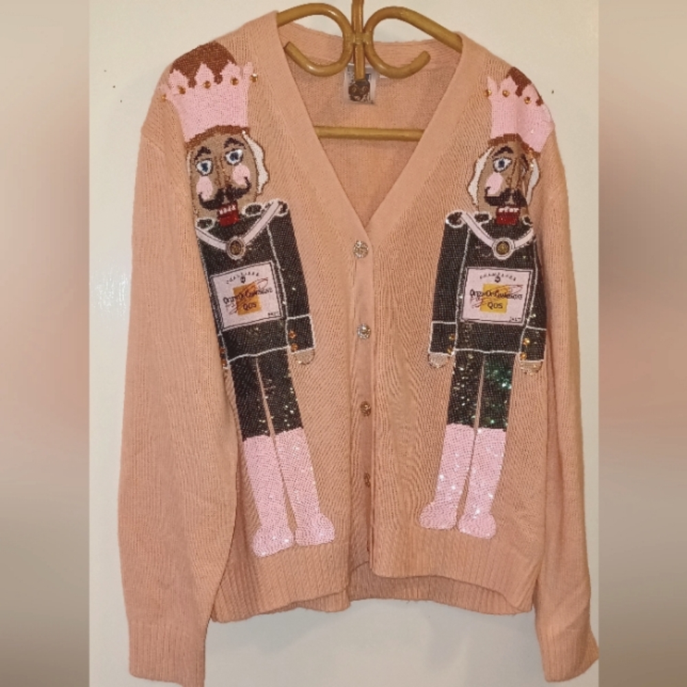 Queen of Sparkles RARE Light pink champagne nutcracker cardigan sweater Large